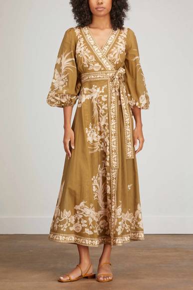 NEW ZIMMERMANN anneke wrap midi dress in olive bird